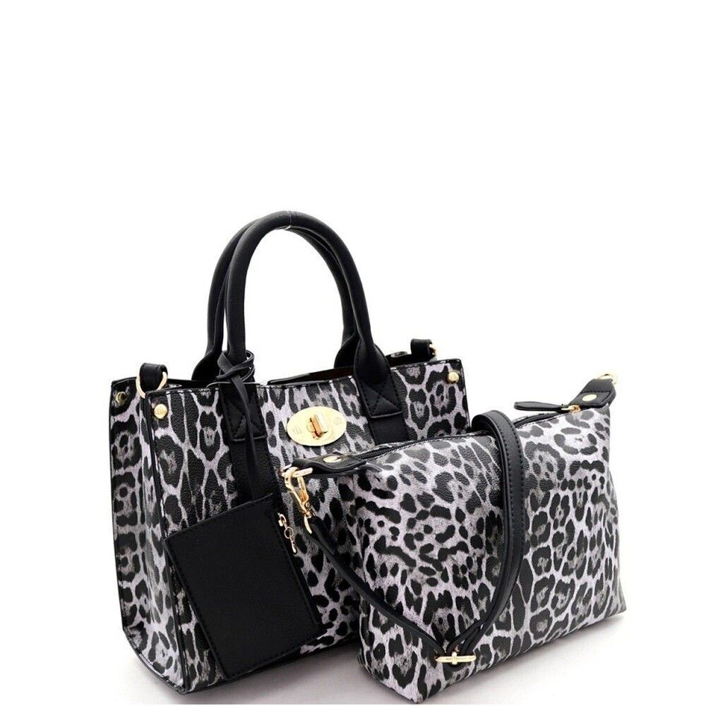 Fashion 3 pcs Black Handbag Set Leopard Print Tote Medium Satchel Bag